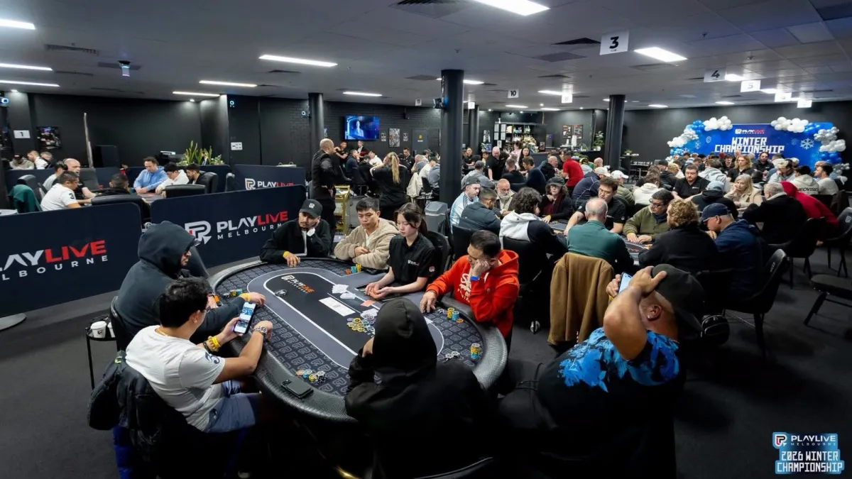 The PlayLive Melbourne floor viewed from the opposite end, tables running back towards the Winter Championship stage and bar.